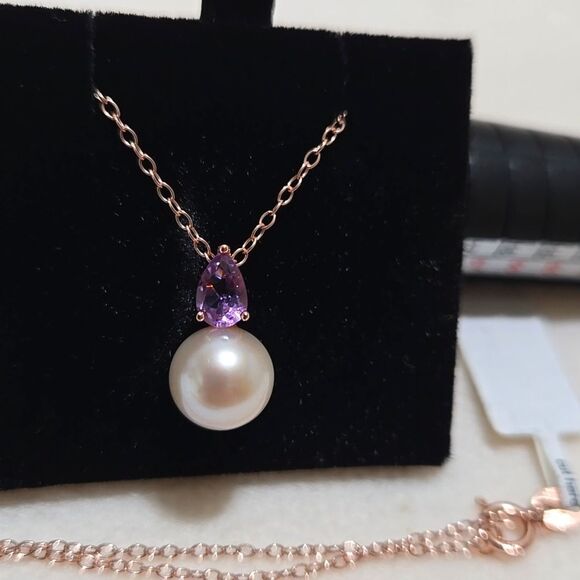 18k Rose Gold Plated Sterling and Freshwater Pearl Necklace - Picture 1 of 8